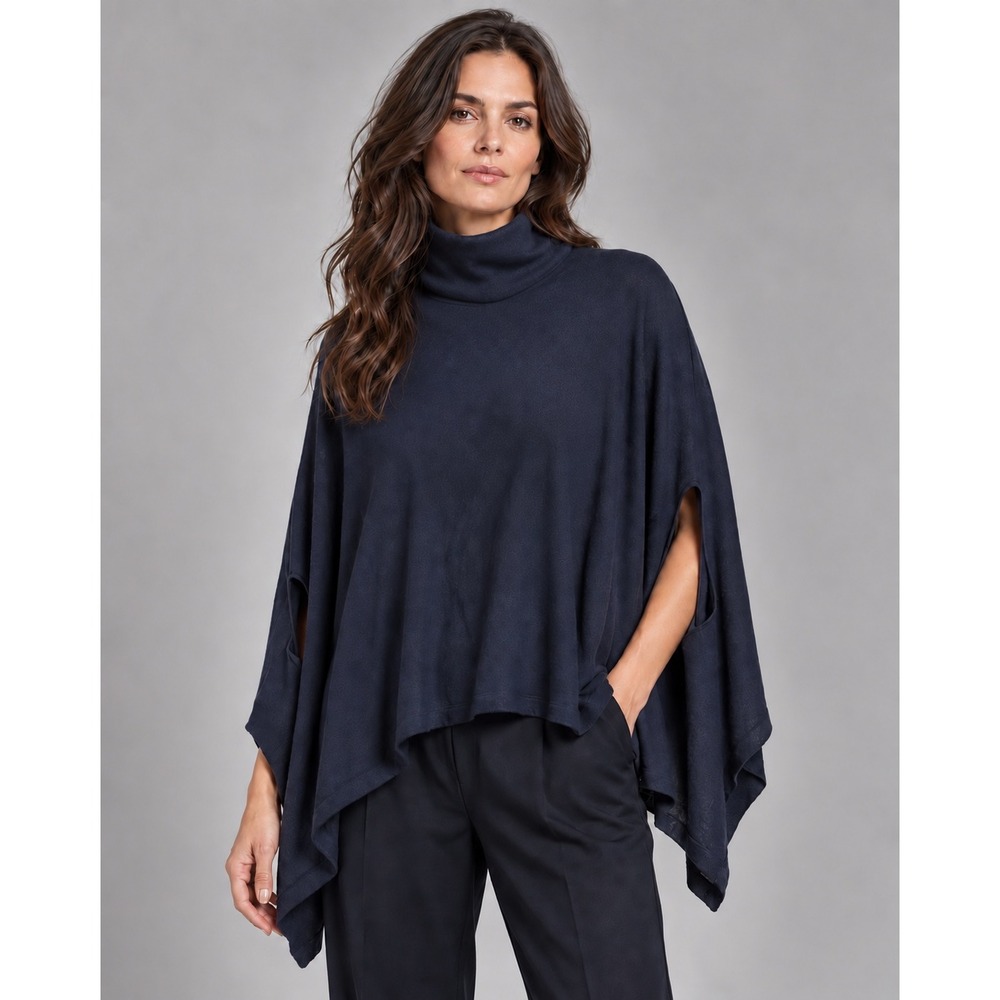 Brunello Cucinelli Poncho Sweater Navy Blue Cashmere Silk Funnel Neck Women Sz M